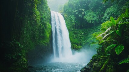 Majestic Waterfall Cascading Through a Lush Tropical Forest, Surrounded by Vibrant Greenery and Misty Atmosphere. A Serene Landscape Perfect for Nature Lovers and Outdoor Adventures in a Tropical Para