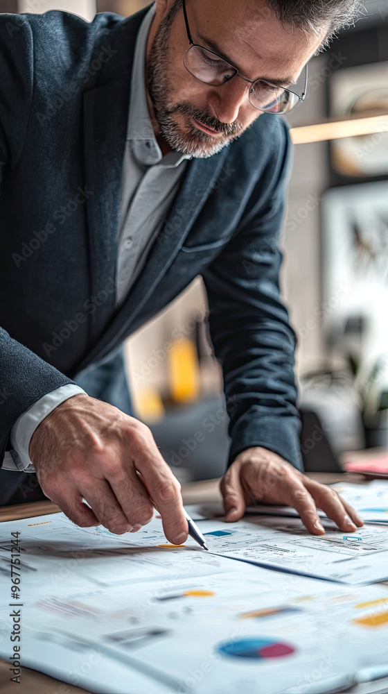 Poster a businessman is focused on working on strategic plan, analyzing charts and graphs with pen in hand.