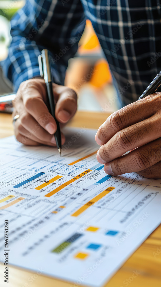 Poster a businessman is focused on working on project timeline, using pens to annotate important details on