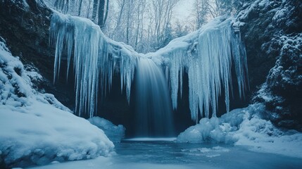 A serene winter scene featuring a frozen waterfall surrounded by snow and ice.