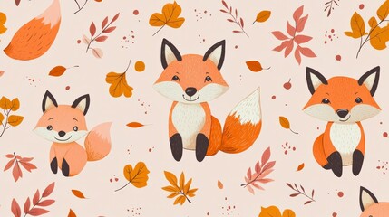 Seamless Kawaii Animal Pattern with Autumn Leaves on Pink Background