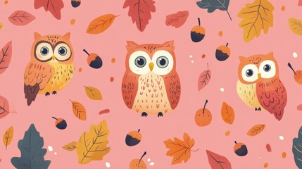 Seamless Kawaii Animal Pattern with Autumn Leaves on Pink Background