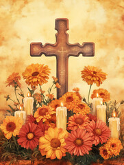 Rustic Cross with Candles and Vibrant Orange Flowers on Warm Background