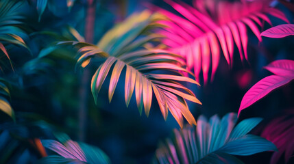 Vibrant tropical leaves illuminated by colorful lighting in a lush indoor garden during the evening