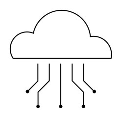 Black and white outline of a cloud with five circuit lines extending downward. Ideal for technology, networking, data storage, cloud computing, futuristic themes. Simple, modern, elegant style.