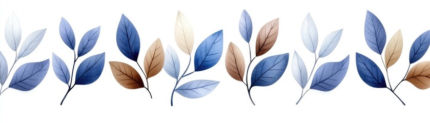 Obraz premium Watercolor Blue and Brown Leaves Seamless Pattern