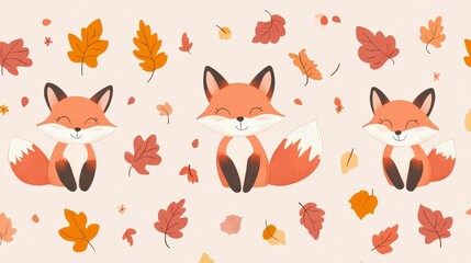 Obraz premium Seamless Kawaii Animal Pattern with Autumn Leaves on Pink Background