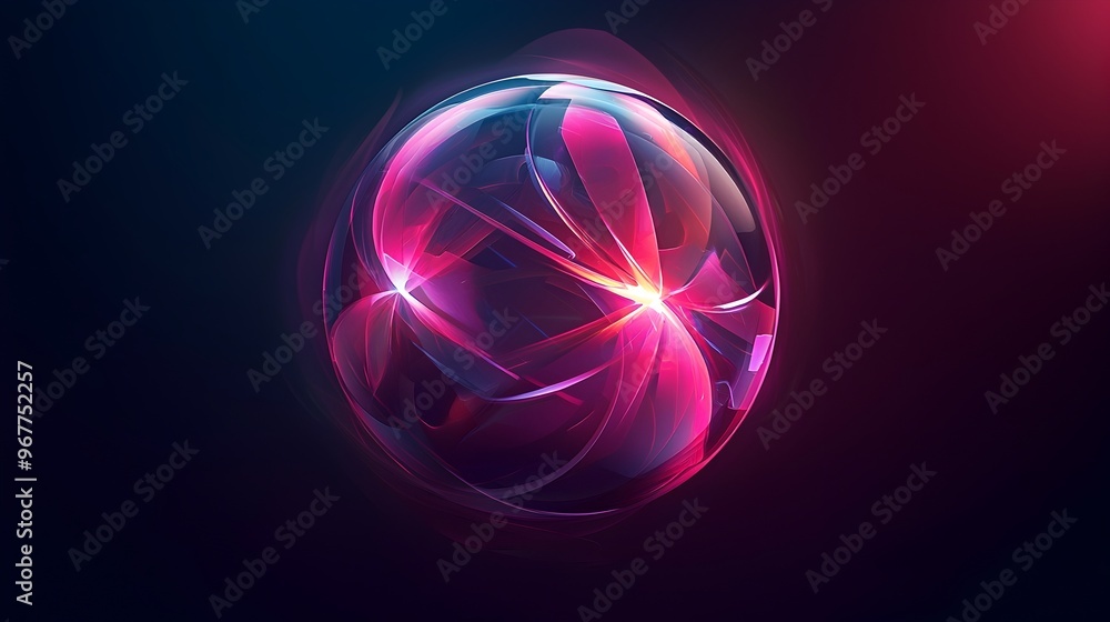 Poster glowing futuristic sphere with petal-like structures floating in dark void