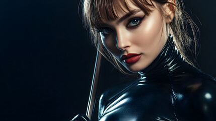 young woman in bdsm leather suite, beautiful female modeling in black clothing, closeup portrait