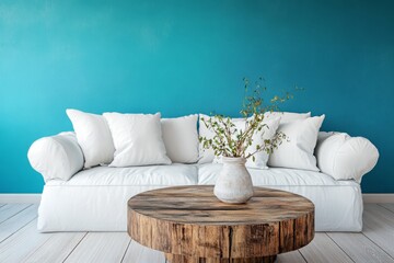 Rustic Round Coffee Table Placed Near a White Sofa Against a Turquoise Wall in a Modern Scandinavian Living Room. Contemporary Home Interior Design Showcasing Minimalist and Cozy Aesthetics.