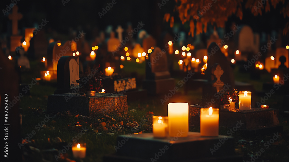 Wall mural candlelit cemetery at night for day of the dead remembrance