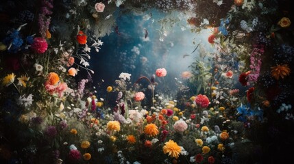 Fototapeta premium Mystical fantasy forest landscape with flower magic portal.