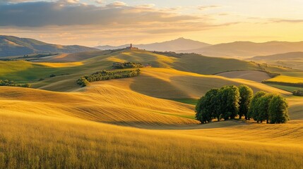 Fototapeta premium Serene landscape of rolling hills bathed in golden sunlight at sunset.