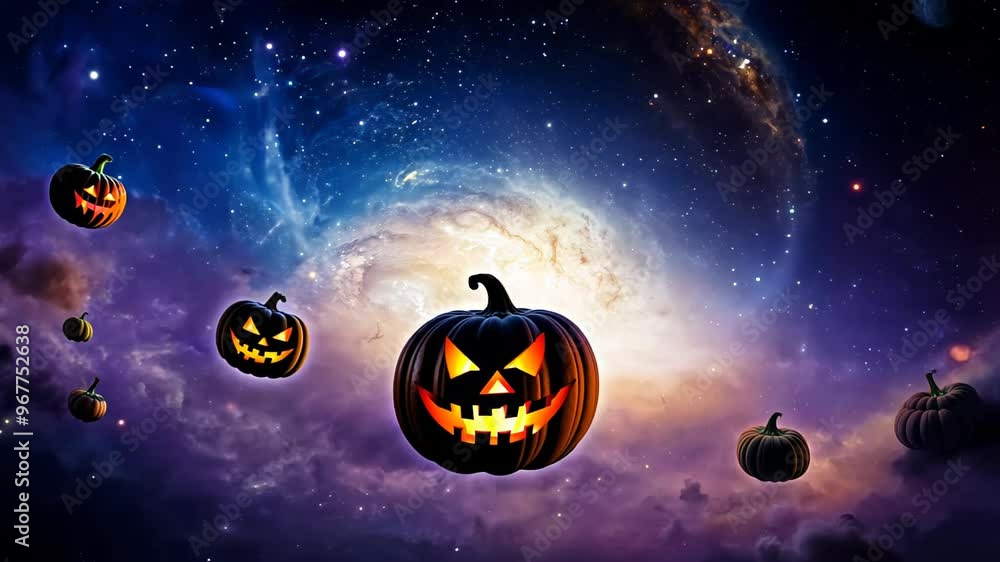 Poster glowing jack-o'-lanterns floating in outer space, set against a vibrant cosmic backdrop of stars and