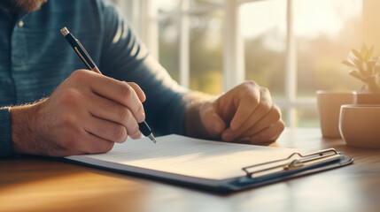 A person is writing on clipboard with pen, surrounded by bright and warm atmosphere. sunlight filters through window, creating serene and focused environment for productivity.