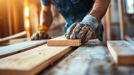 carpenter smoothing the planks of wood with sandpaper


