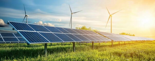 Solar panels and wind turbines in nature. Energy panorama banner. Generative AI.