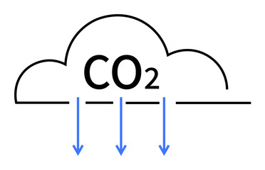 Cloud containing CO2 and arrows pointing downwards. Ideal for environmental awareness, carbon footprint reduction, climate change education, greenhouse gas emissions, and sustainability efforts. Sim