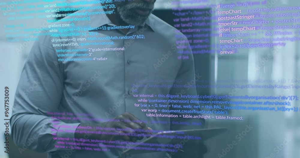 Aufkleber animation of data processing over biracial businessman using tablet