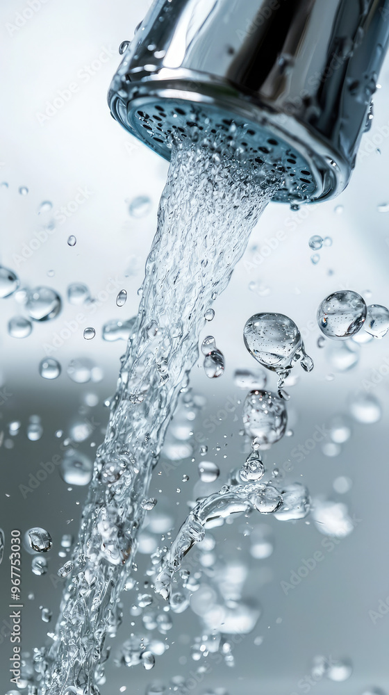 Poster close up of leaking faucet with water splashing, showcasing droplets and bubbles in motion, creating
