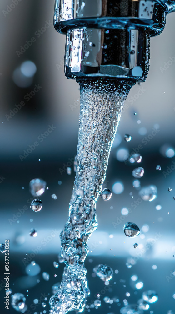 Poster close up of leaking faucet with water splashing, showcasing dynamic flow and droplets. image capture