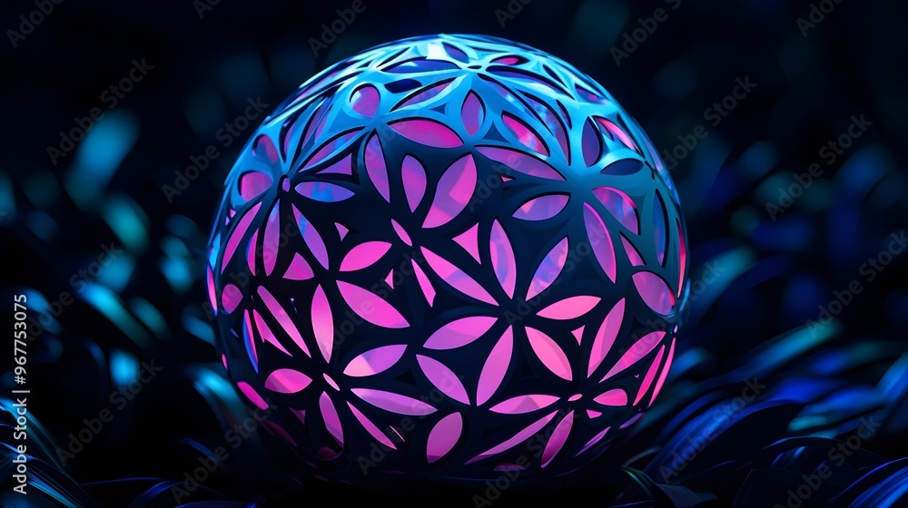 Poster Glowing Neon Sphere with Mesmerizing Petal Patterns in Pitch-Black Backdrop