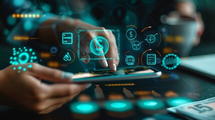 Digital Banking and Financial Technology Concept. A person presents digital banking and financial technology icons, and currency symbols, emphasizing modern online payment systems and e-commerce.