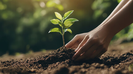 A person is planting a small green plant in the dirt