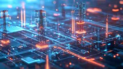 Fototapeta premium Futuristic Cityscape with glowing electric towers on a circuit board.