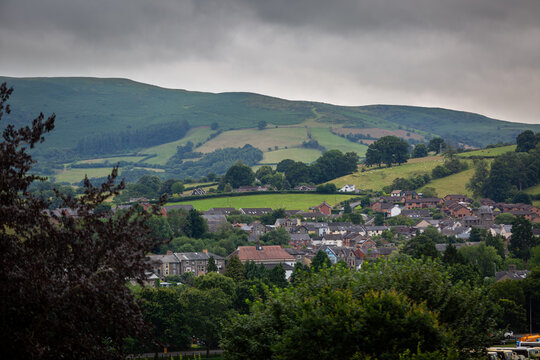 View of Builth Wells and the surrounding hills, Image shows a small Welsh town near the Royal Welsh showground in central Wales
