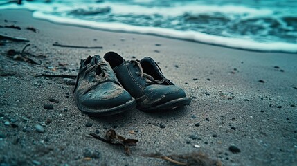 Two Black Leather Shoes Abandoned on a Sandy Beach