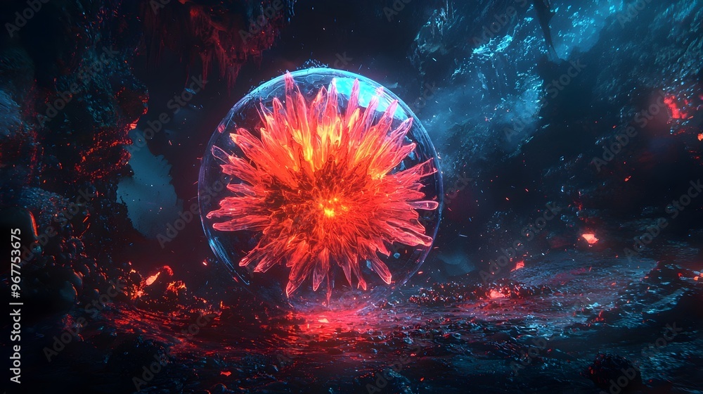 Aufkleber glowing futuristic sphere with radiant petal-like structures floating in immersive dark environment