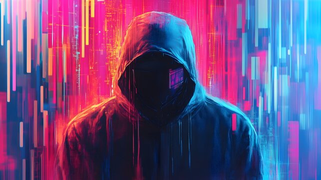 A digital collage of various computer code and data, with the face of a hacker wearing a hoodie in front of it