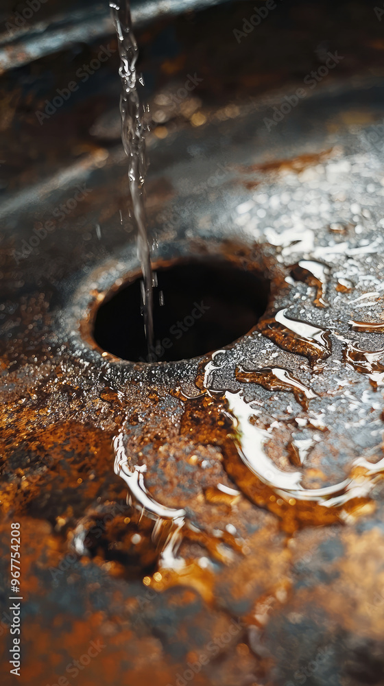 Poster close up of rusty sink with water leaking, showcasing intricate patterns of rust and water. scene ev