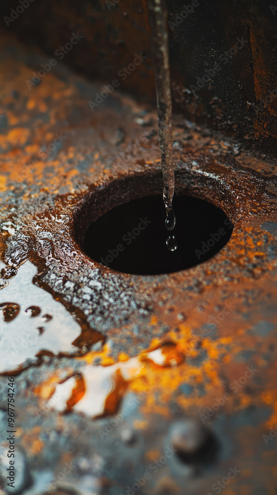 Poster close up of rusty sink with water leaking, showcasing texture and colors of rust and water. image ev