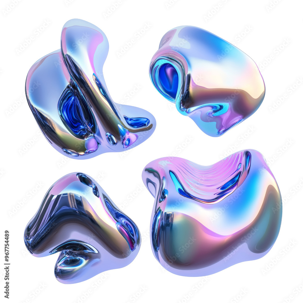 Poster set of abstract freeform shapes fluid holographic iridescent 3d render icon isolated on transparent 