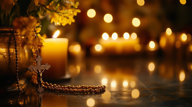 Rosary with crucifix beside glowing candles and flowers, warm and peaceful spiritual setting - Powered by Adobe