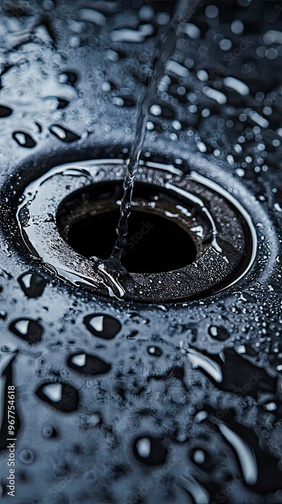 Aufkleber close up of sink drain with water leaking around it, showcasing intricate details of droplets and re
