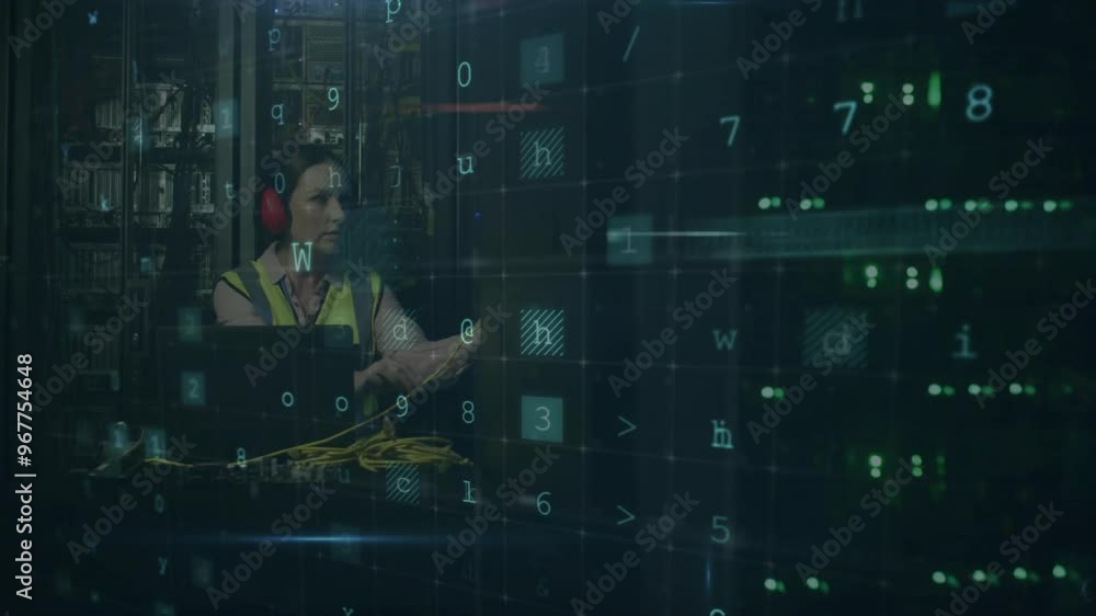 Poster animation of data processing over caucasian female worker in server room