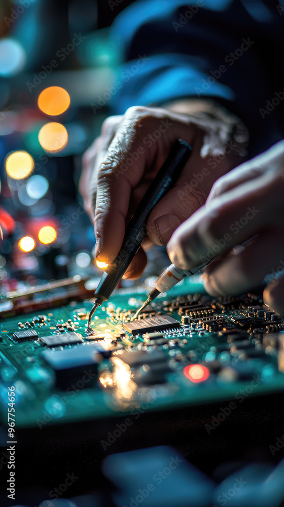 Poster close up of technicians hands working on circuit board, using tools to repair electronic components.