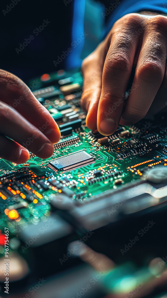 Poster close up of technicians hands working on circuit board, showcasing intricate details and components.
