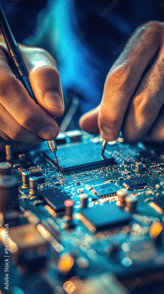 Poster close up of technicians hands working on circuit board, showcasing precision and skill in electronic