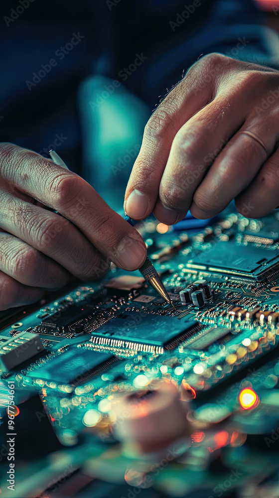 Poster close up of technicians hands working on circuit board, showcasing precision and skill in electronic