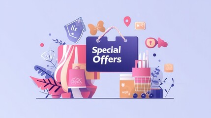 Naklejka premium The illustration showcases vibrant shopping bags and decorative elements, emphasizing enticing special offers and promotions in a minimalist style