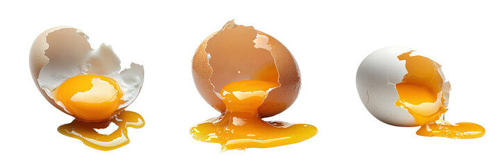 set of single cracked egg with the yolk spilling out on a transparent background