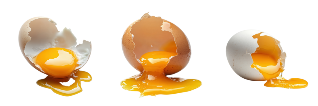 set of single cracked egg with the yolk spilling out on a transparent background