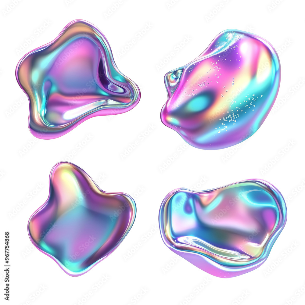 Poster set of abstract freeform shapes fluid holographic iridescent 3d render icon isolated on transparent 
