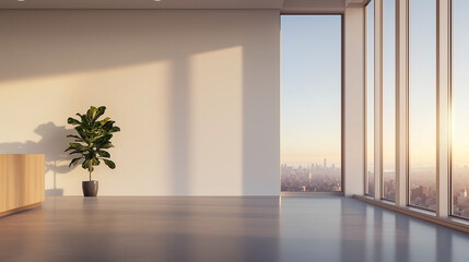 Fototapeta premium A modern office interior featuring large window with city view, potted plant, and minimalist reception area. space is bright and airy, evoking sense of tranquility and professionalism.