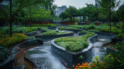 A modern city park with walking paths, gardens, and fountains, the design forming a harmonious pattern