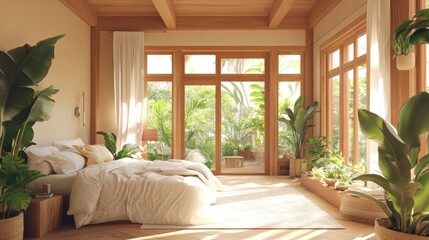 White bed with natural light in wooden bedroom with large windows and plants.